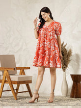 Women's Orange Tropical Printed Cotton Flared Dress-DRSORANGEFANTA
